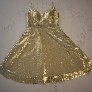 Beautiful Lined Gold Sequined Dress w/Spaghetti Straps